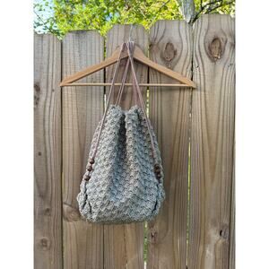 Neutral Crochet Drawstring Shoulder Bag with Wood Beads